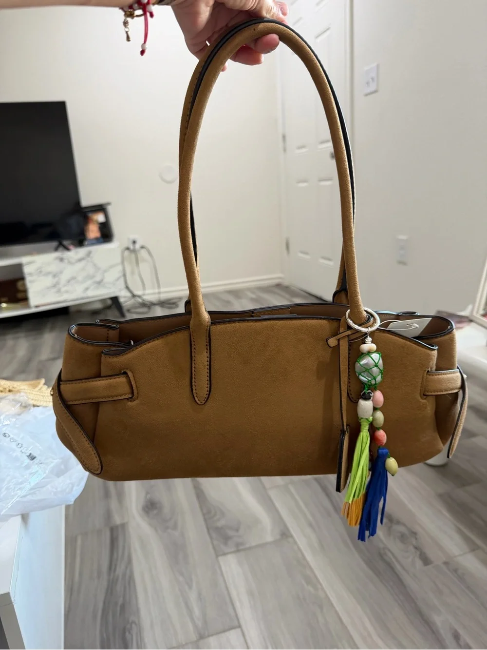 H&M Brown Shoulder Bag with Colorful Tassel Charm